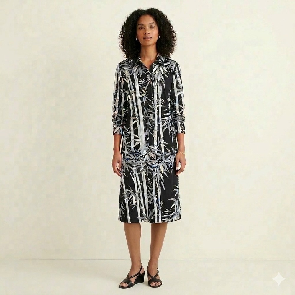 Tommy Bahama Womens Bamboo Print Stretch Cotton Shirt Dress Black Gray Size 6